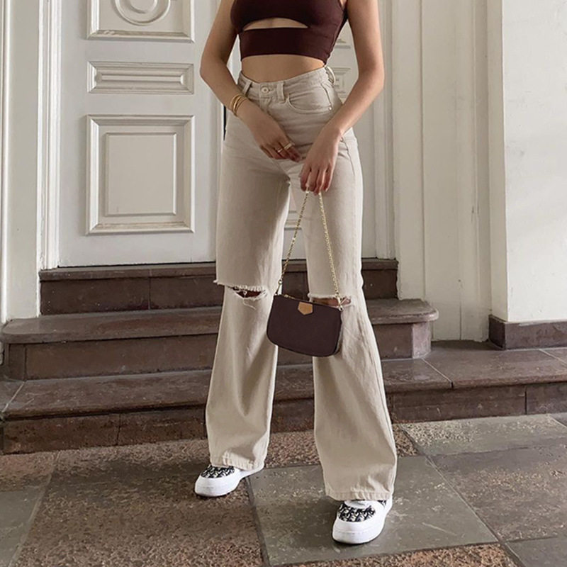 2021简约休闲阔腿裤膝盖破洞纯色肤色套装高腰牛仔长裤 trousers