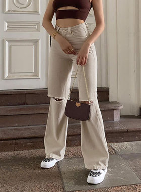 2021简约休闲阔腿裤膝盖破洞纯色肤色套装高腰牛仔长裤 trousers