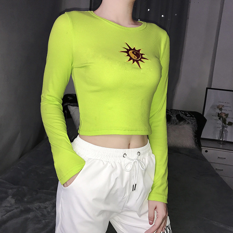 欧美露脐短款打底衫刺绣T恤修身薄款卫衣Slim thin sweatshirt
