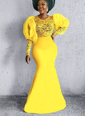 欧美大码蕾丝网纱灯笼袖礼服连衣裙Plus Size Yellow Dress Women