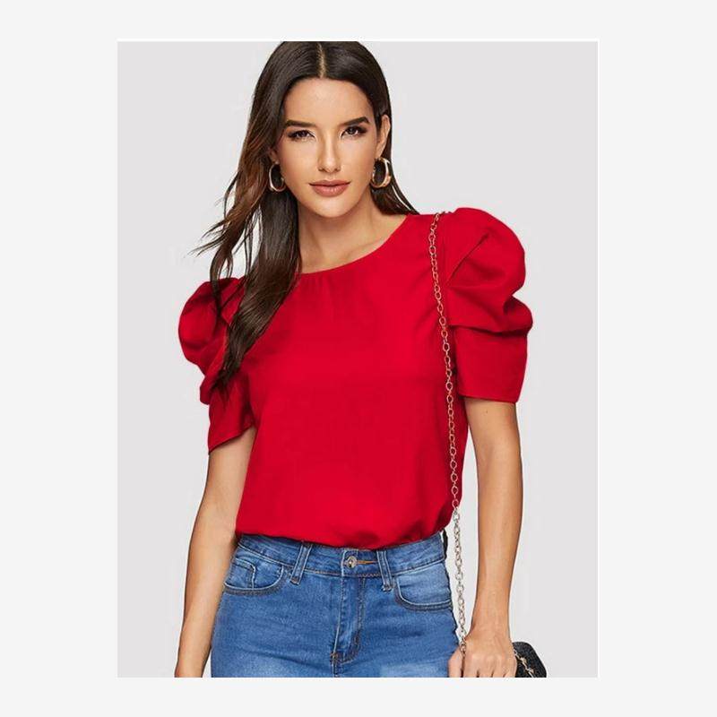 Round neck lantern sleeve women's fashion top button女装上衣
