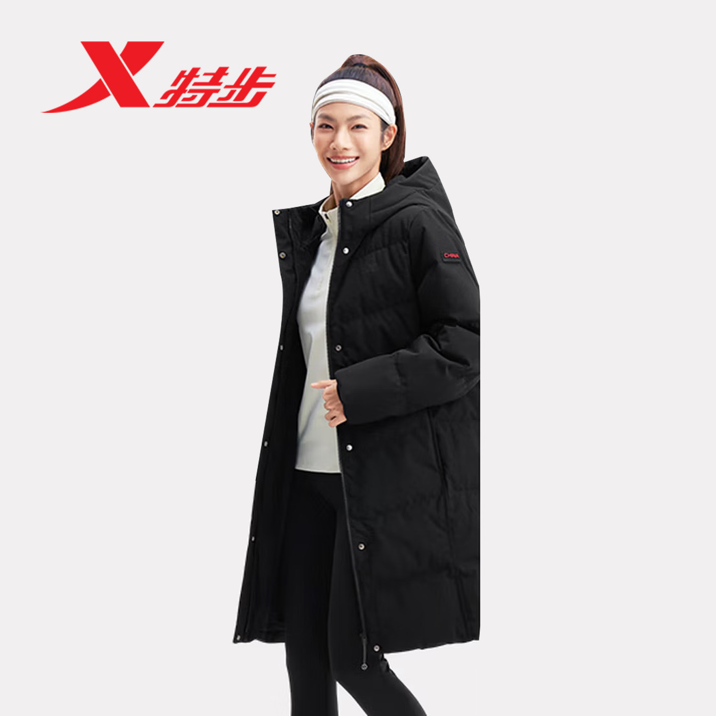 特步三防中长款羽绒服女2025冬