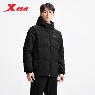 特步男士羽绒服纯黑色外套2025冬