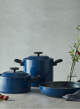 乐扣乐扣双耳汤锅蒸煮炖铝锅电磁炉复古风蓝色大容量汤锅不沾锅