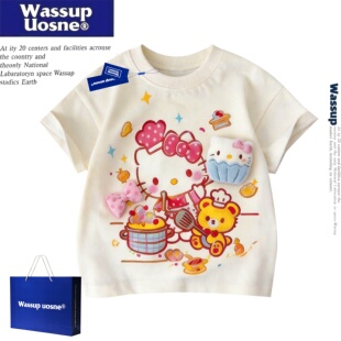 WASSUP联名女童可爱风哈喽kitty猫卡通立体玩偶印花短袖T恤上衣女