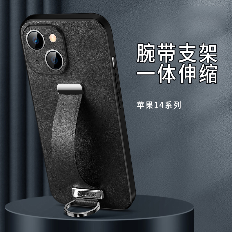 适用苹果14手机壳新款iphone14pro真皮max保护套5G高级感plus全包防摔14p支架i14男士皮革promax女腕带潮外壳