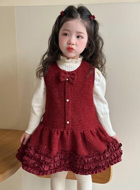 英国KABEI TREE女童连衣裙红色过年喜庆加厚加绒宝宝裙子新年套装