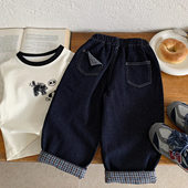 TREE男童牛仔裤 春秋季 儿童直筒裤 英国KABEI 子格子卷边宽松休闲裤