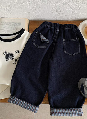 英国KABEI TREE男童牛仔裤春秋季儿童直筒裤子格子卷边宽松休闲裤