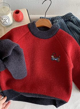 英国KABEI TREE红色毛衣男童冬季加厚潮帅气时髦新年过年拜年服