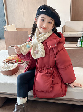 英国KABEI TREE女童红色棉服超好看冬装冬季加厚中长款外套