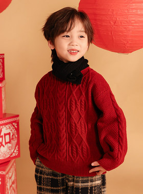 英国KABEI TREE红色毛衣男童拜年服秋冬季加厚保暖新年喜庆过年服
