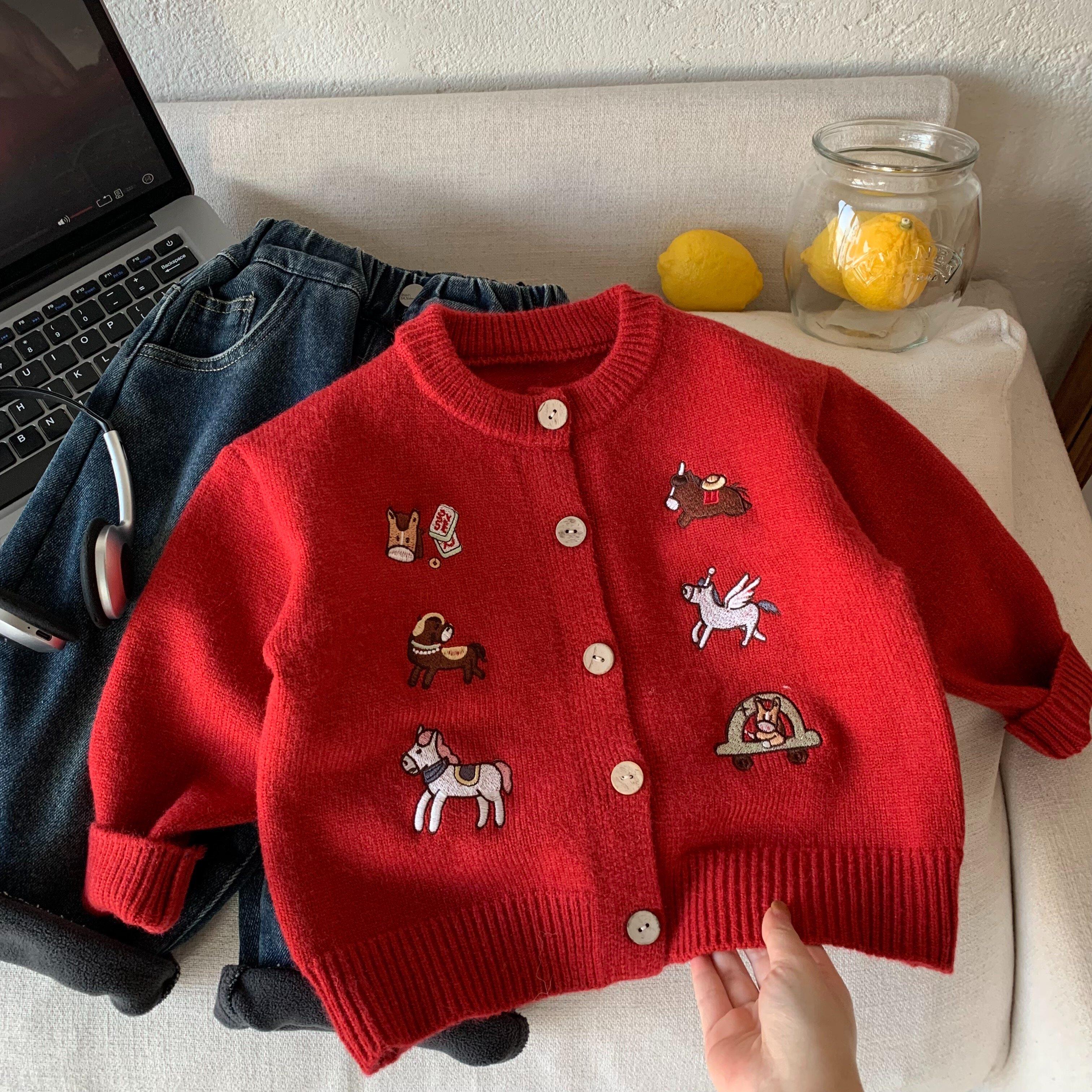 英国KABEI TREE儿童开衫毛衣红色喜庆加厚针织衫男女童拜年服外套