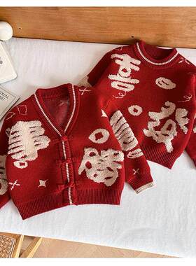 英国KABEI TREE男童毛衣红色开衫秋冬季加厚保暖针织衫新年拜年服