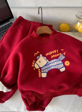 英国KABEI TREE儿童红色卫衣马年过年加绒加厚冬季宝宝喜庆拜年服