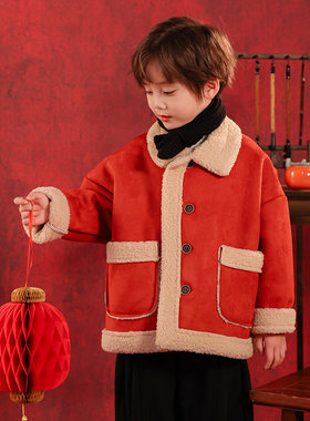 英国KABEI TREE拜年服红色男童外套秋冬装加厚加绒喜庆新年过年服