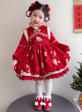 英国KABEI TREE女童红色连衣裙冬季新中式国风加绒过年服加厚保暖