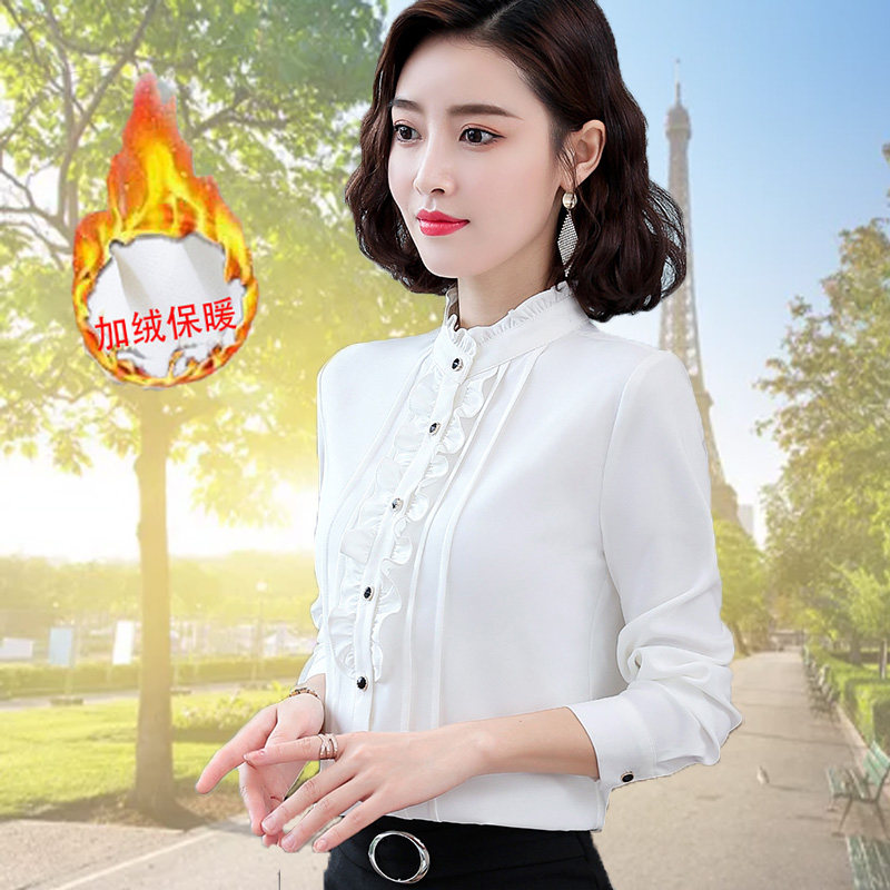 雪纺长袖衬衫女2025新款秋冬季加绒气质高级感职业装洋气休闲上衣