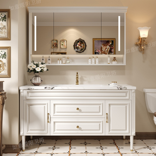 美式橡木浴室柜组合落地式洗手盆池洗漱台卫生间一体陶瓷盆卫浴柜