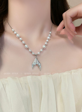 法式气质仿珍珠鱼尾锁骨链