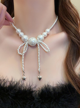 法式珍珠蝴蝶结项链女