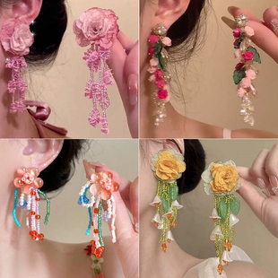 夏日氛围感雪纺花朵流苏耳环气质温柔花瓣串珠耳钉田园度假风耳饰