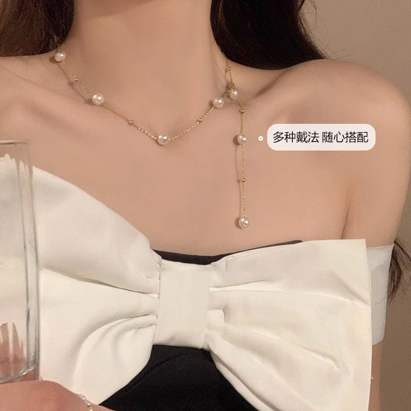 满天星~法式性感Y字流苏珍珠项链气质短款颈链设计感锁骨链女春夏