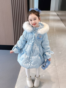 艾莎女童中长款加厚羽绒服白鸭绒连帽外套冬季2023新款时尚暖上衣