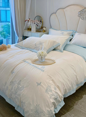 韩式小清新甜美180支长绒棉全棉纯棉床上四件套蓝色花卉刺绣被套4