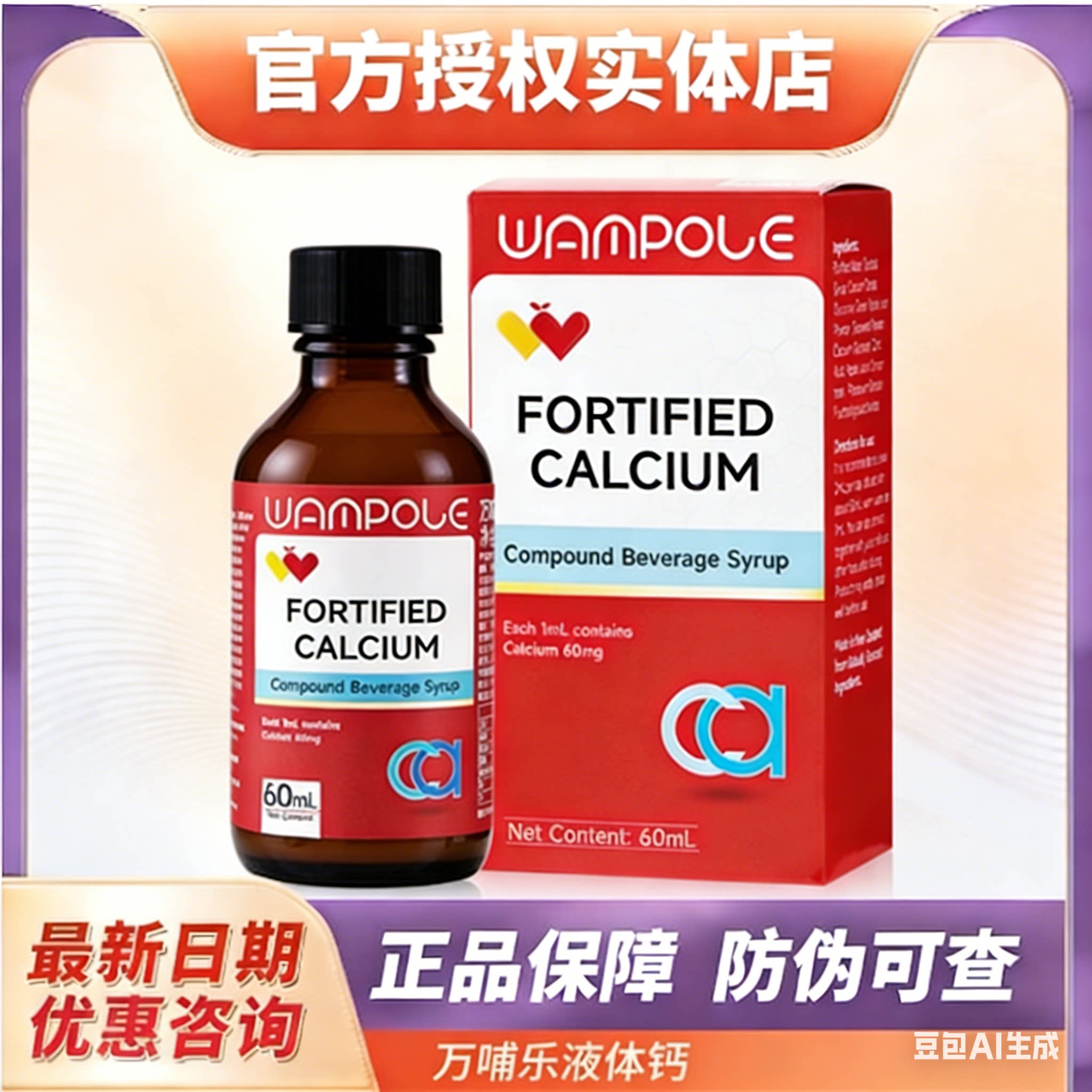 万哺乐液体强化钙婴幼儿补钙新生宝宝滴剂钙草莓味滴剂60ML