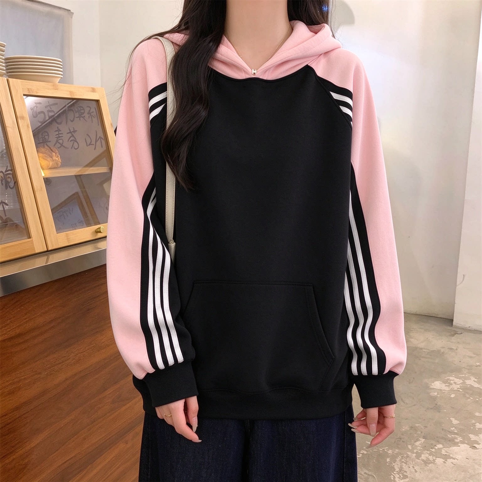 oversize宽松加绒连帽插肩卫衣女款秋冬季大码显瘦慵懒风套头上衣