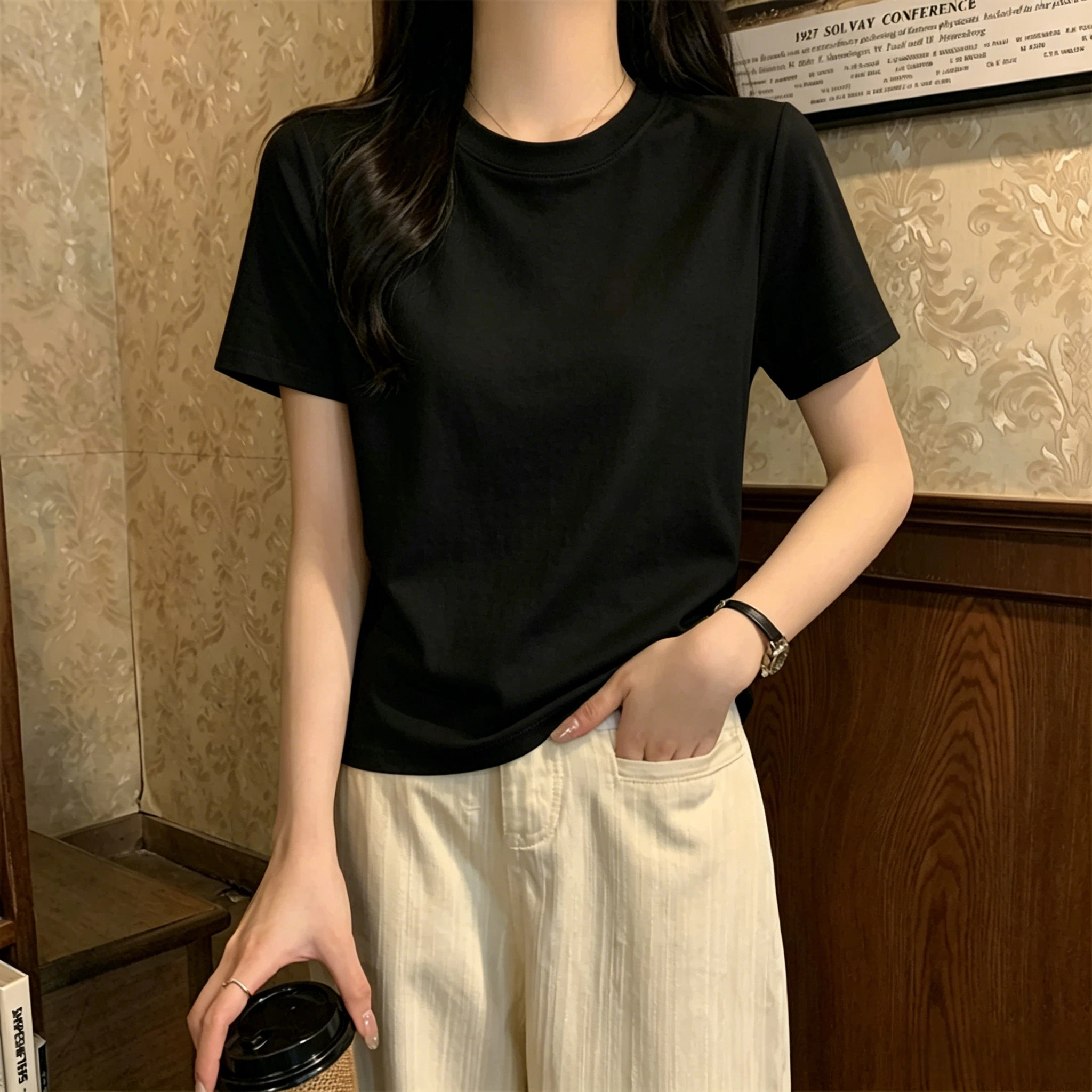 韩系纯色圆领大码修身短袖t恤衫女装小个子黑色显瘦洋气百搭上衣
