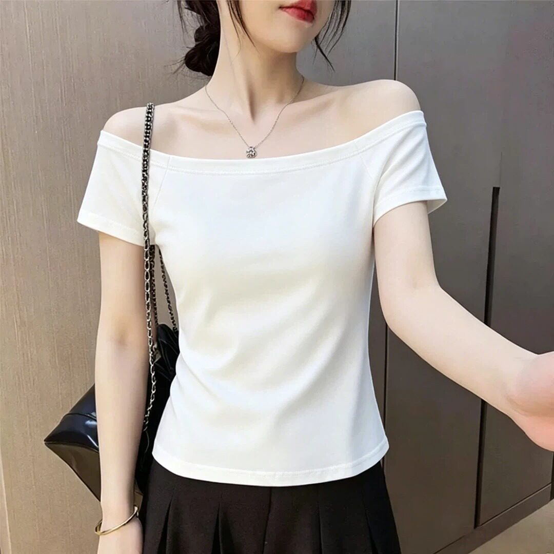 白色一字肩百搭短袖t恤女夏季新款简约大码修身显瘦别致露肩上衣