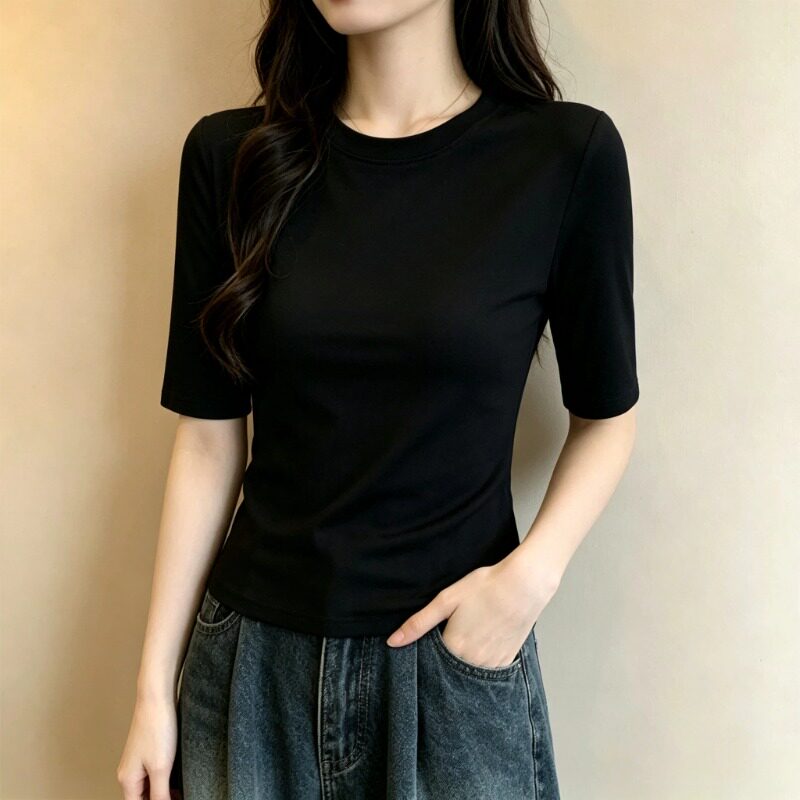 黑色显瘦中袖上衣春夏季新款高级感女装圆领正肩大码修身短袖T恤