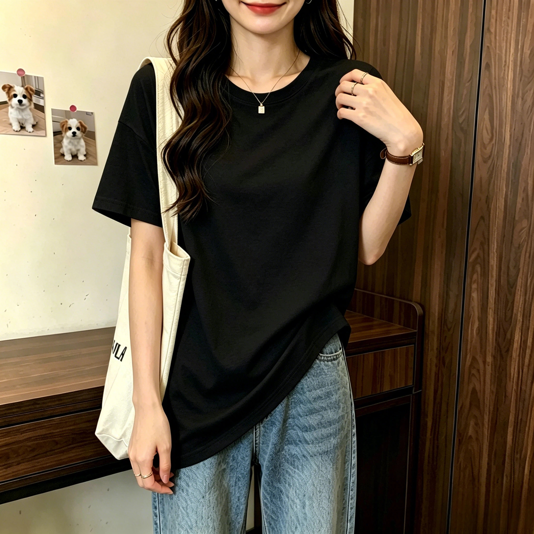 夏季美式高级感黑色大码宽松显瘦短袖T恤女休闲纯色圆领薄款上衣