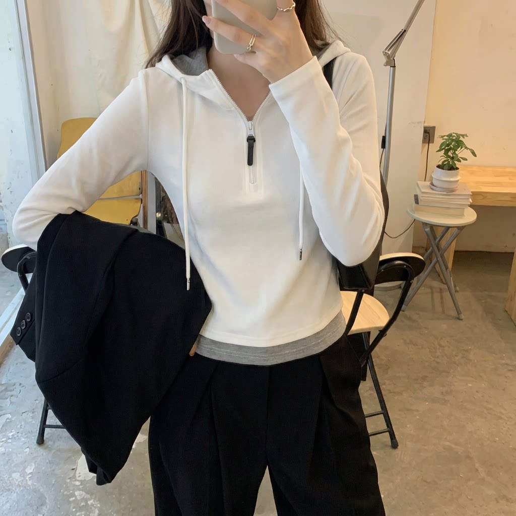 韩系穿搭大码长袖半拉链卫衣女款秋冬季设计感撞色拼接连帽上衣服