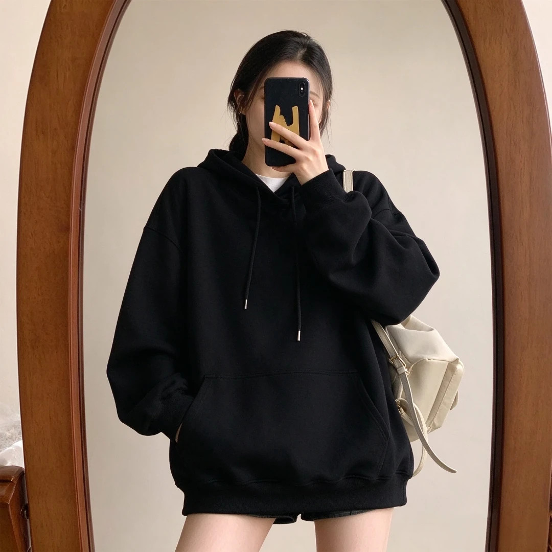 韩版慵懒风有口袋带帽卫衣女款大码秋冬银狐绒宽松显瘦套头上衣服