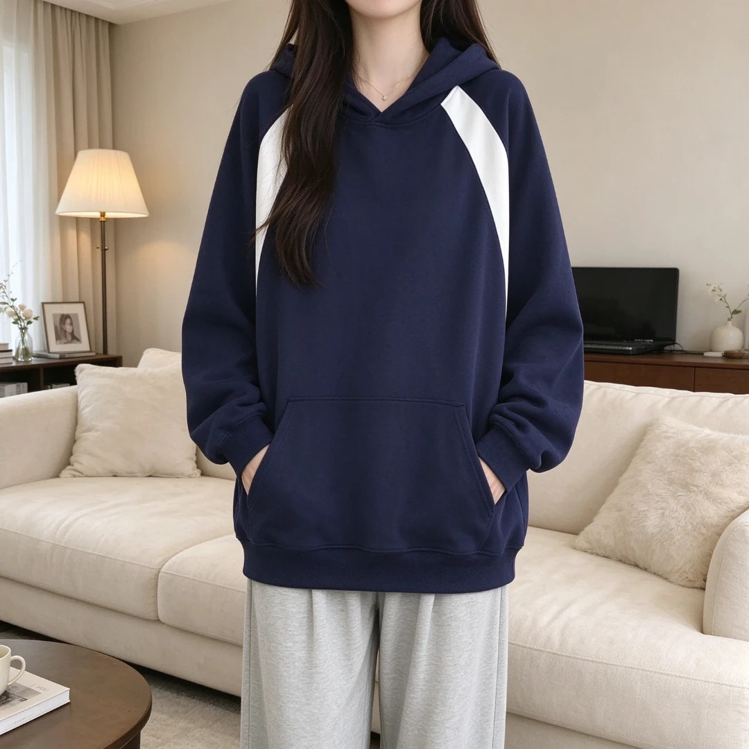 2026秋冬季连帽无绳长袖拼接撞色卫衣女款银狐绒大码宽松显瘦上衣