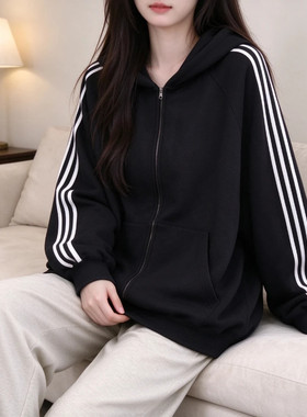 韩系穿搭开衫连帽卫衣女款大码宽松休闲百搭秋冬加绒拉链外套上衣