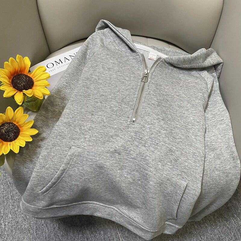 春秋季美式宽松大码半拉链外套学生休闲百搭上衣潮灰色连帽卫衣女