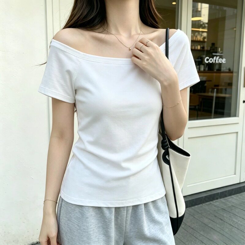 纯欲斜肩一字肩两穿短袖T恤夏季慵懒风大码纯色显瘦露肩半袖上衣