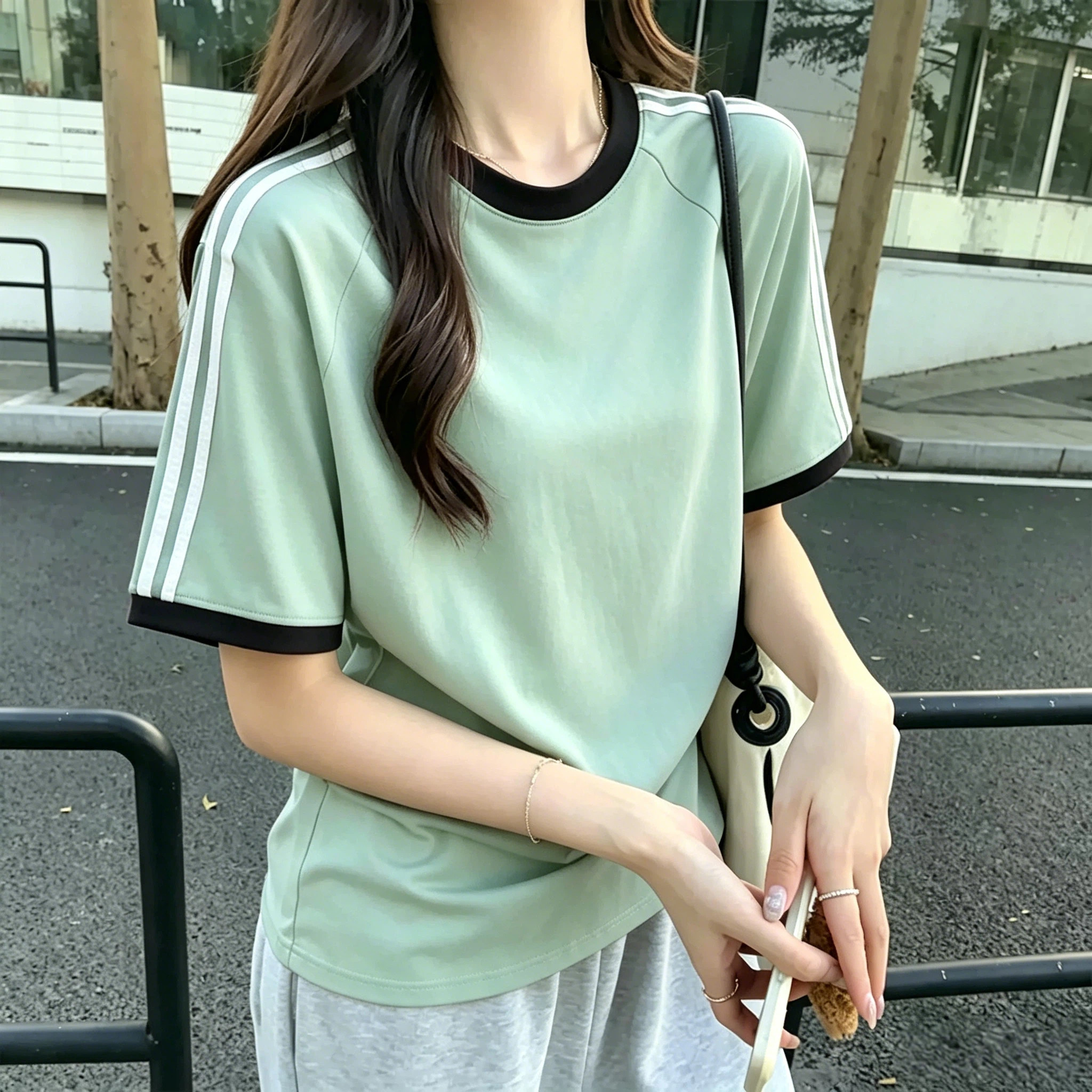 韩系新款圆领撞色拼接两条杠短袖T恤大码宽松插肩袖休闲情侣上衣