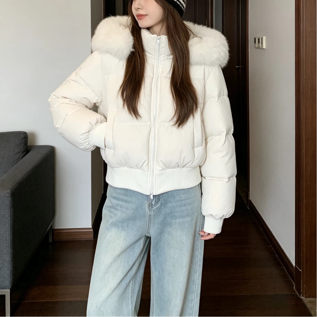 毛领连帽拉链口袋短款纯色时髦面包服棉衣外套女大码显瘦长袖棉服