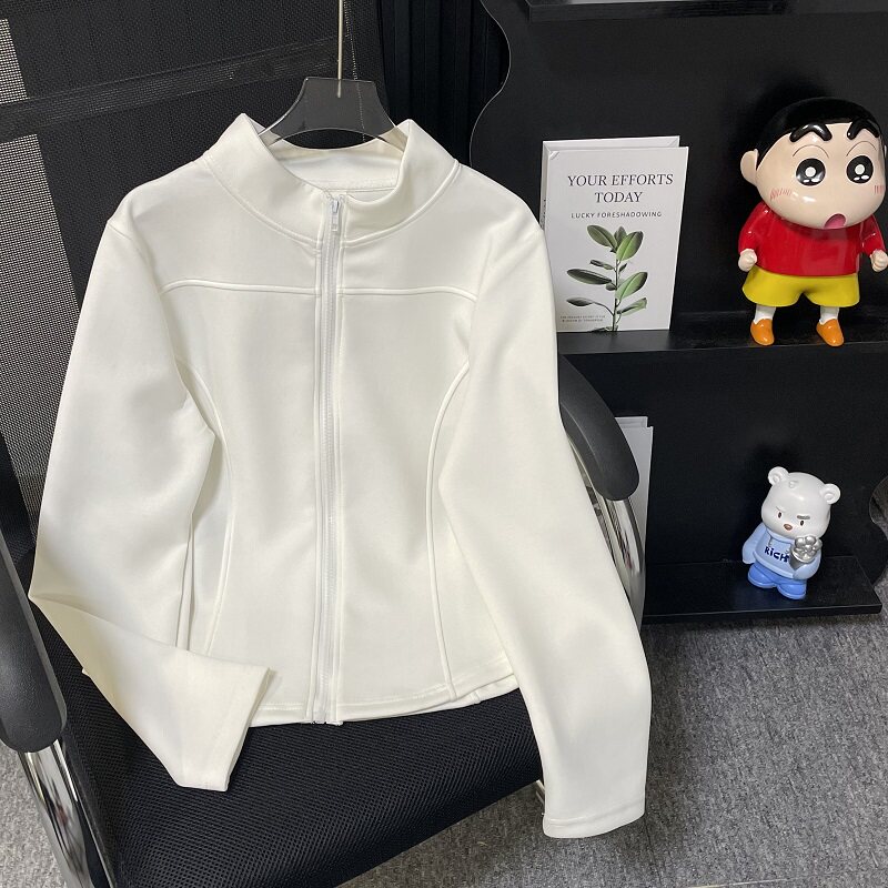 休闲时尚设计感春秋大码修身开衫外套2025日系棉空气层立领卫衣女