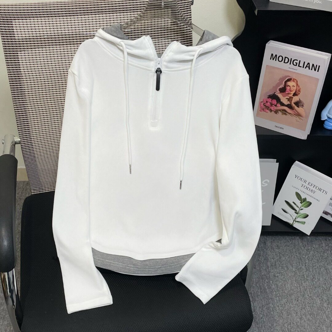 秋季撞色半拉链连帽卫衣韩系chic假两件大码修身显瘦打底衫女内搭