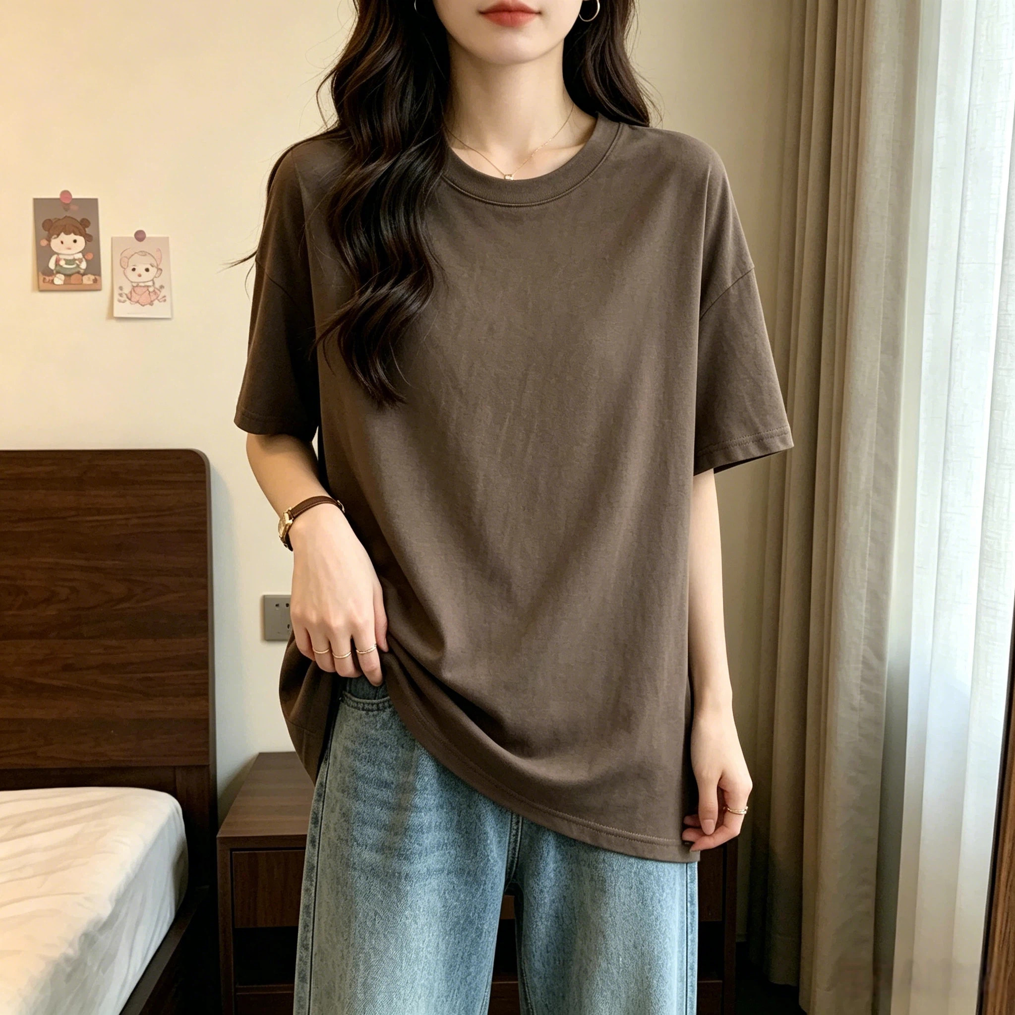 韩系咖色圆领宽松显瘦短袖t恤女中长款慵懒大码休闲百搭半袖上衣