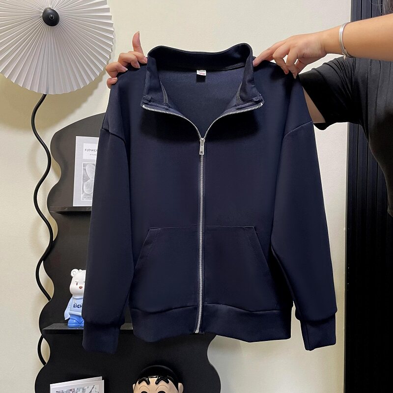 日系复古文艺风立领卫衣男女韩系chic穿搭慵懒风拉链开衫外套大码