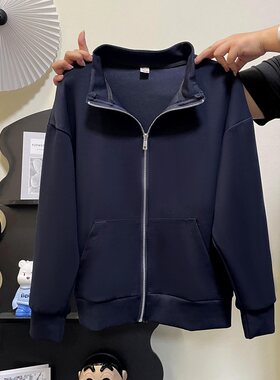 日系复古文艺风立领卫衣男女韩系chic穿搭慵懒风拉链开衫外套大码