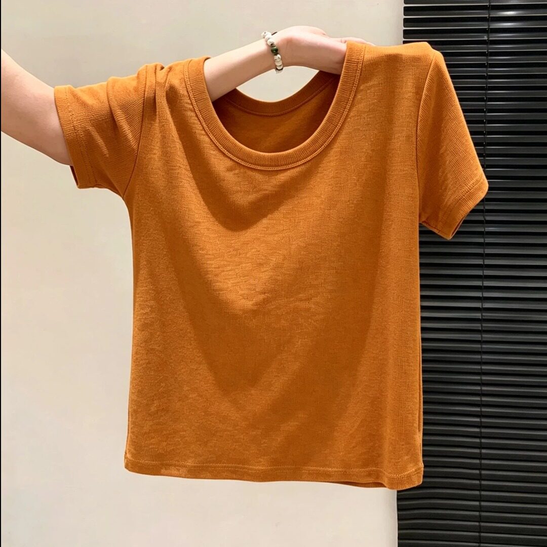 美式复古U领正肩显瘦短袖t恤女夏季橘色显白减龄大码气质百搭上衣