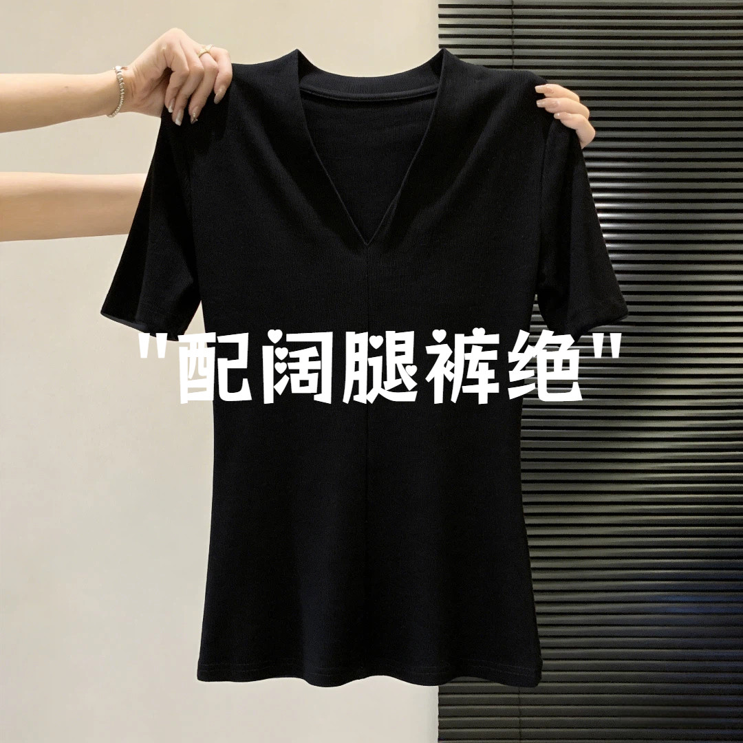 慵懒风黑色深v领短袖t恤男女春秋新款韩系大码修身显瘦百搭上衣